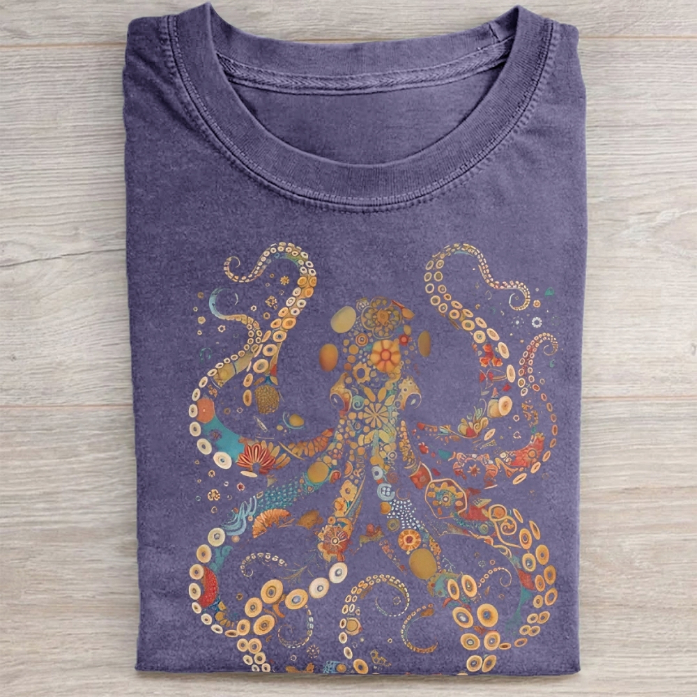 Vintage Flower Patterns Floral Octopus  Washed Tee 