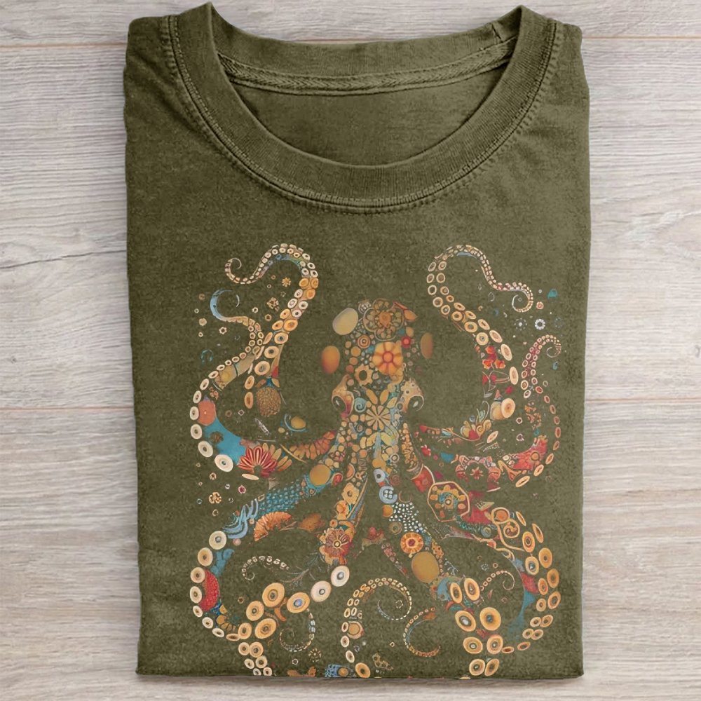 Vintage Flower Patterns Floral Octopus  Washed Tee 
