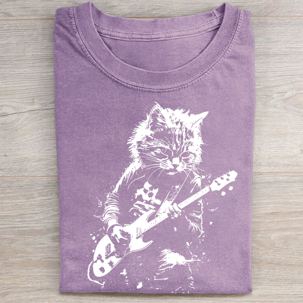 Funny Cat Playing Guitar Washed Tee 