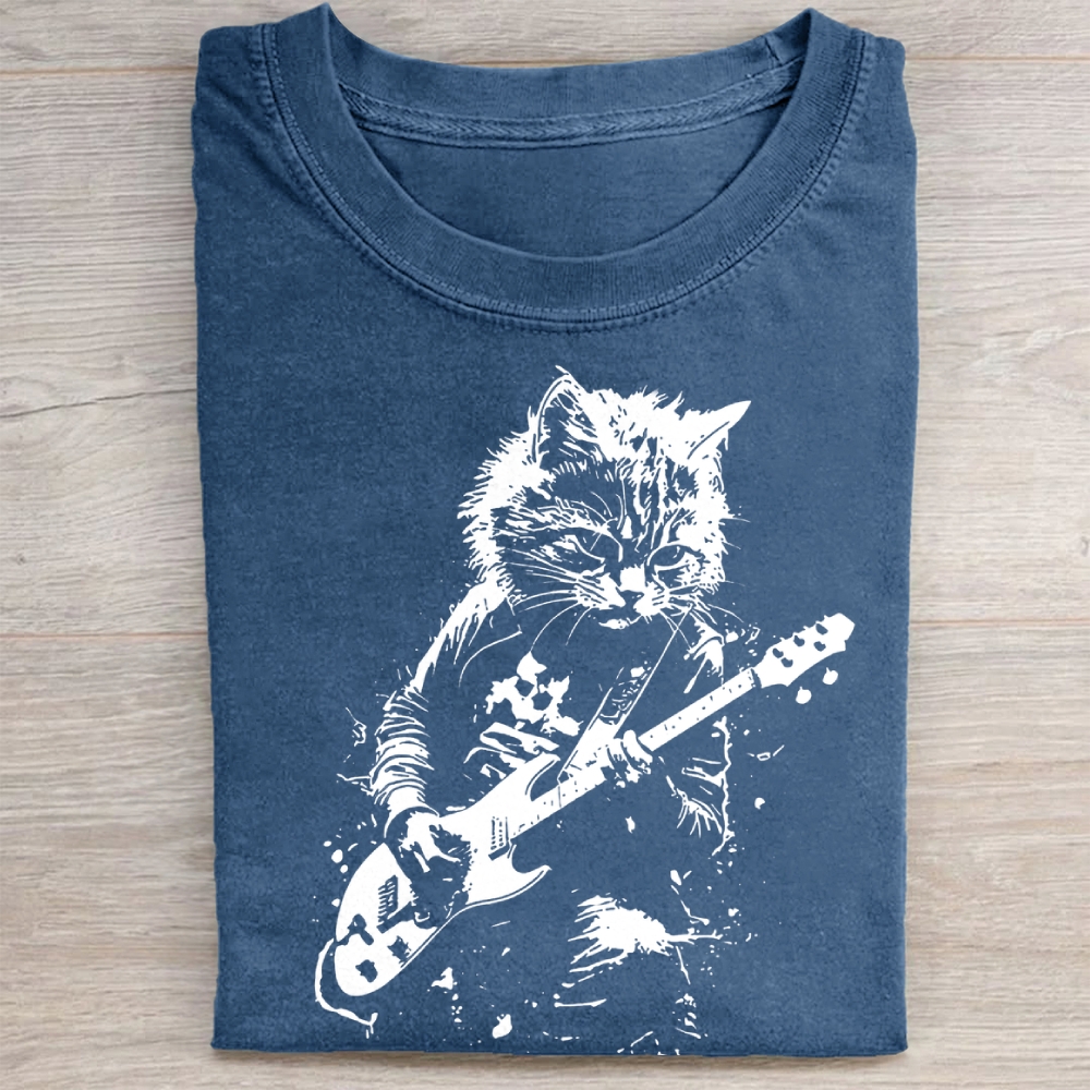 Funny Cat Playing Guitar Washed Tee 