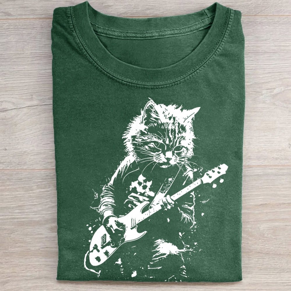 Funny Cat Playing Guitar Washed Tee 