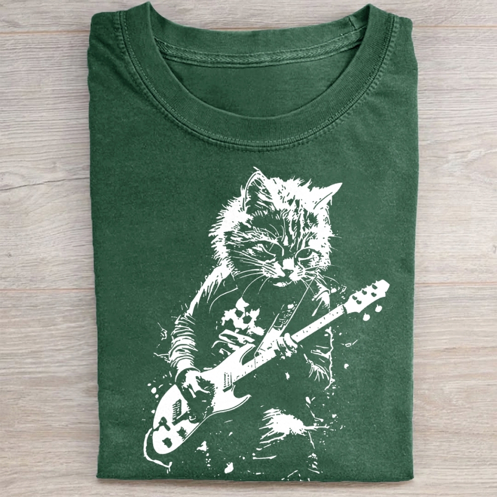 Funny Cat Playing Guitar Washed Tee 