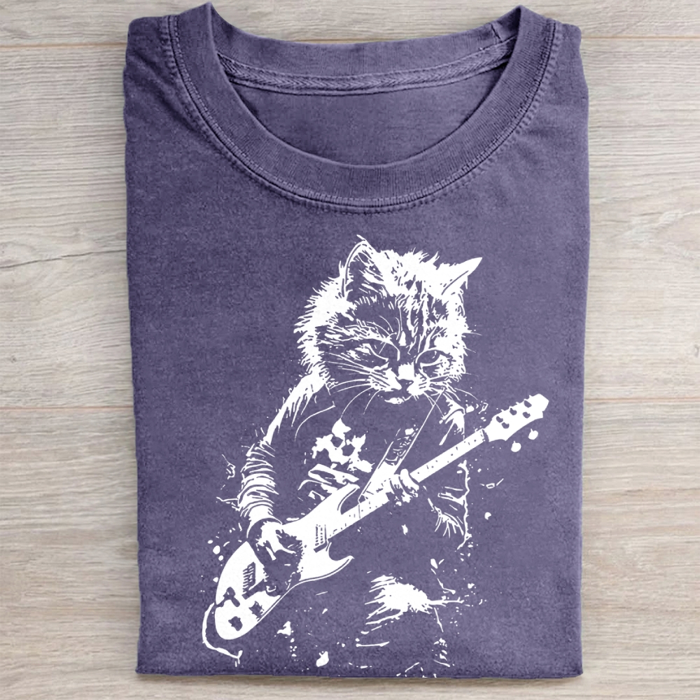 Funny Cat Playing Guitar Washed Tee 
