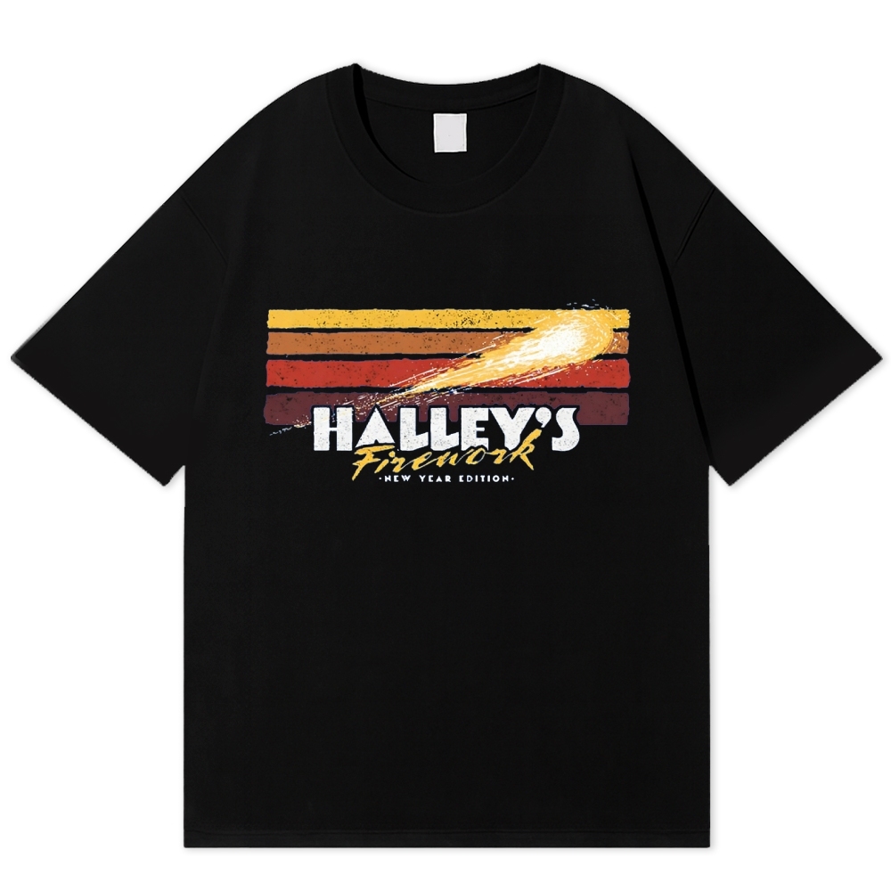 Halley's Comet Firework Retro Space New Year Cotton T-shirt