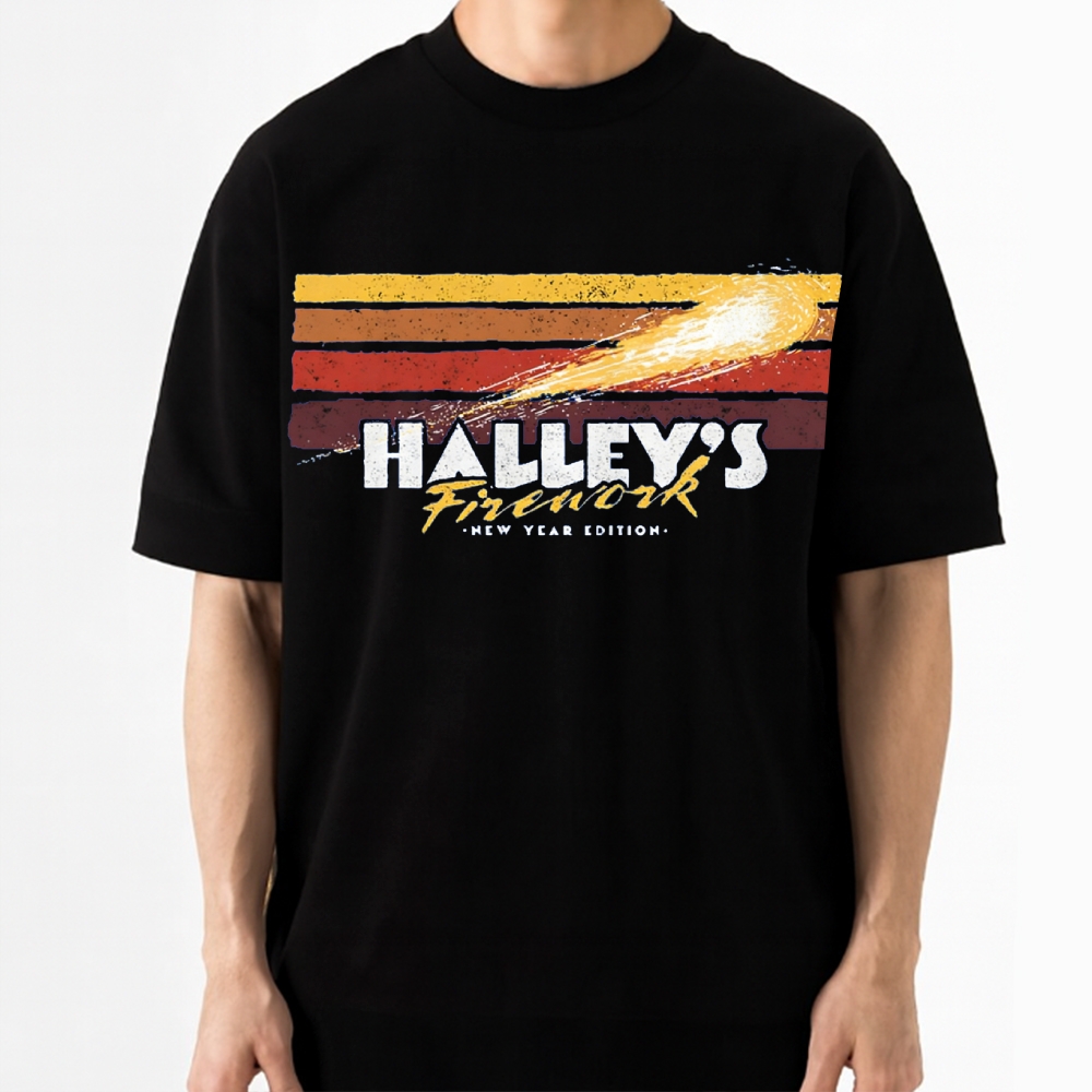 Halley's Comet Firework Retro Space New Year Cotton T-shirt