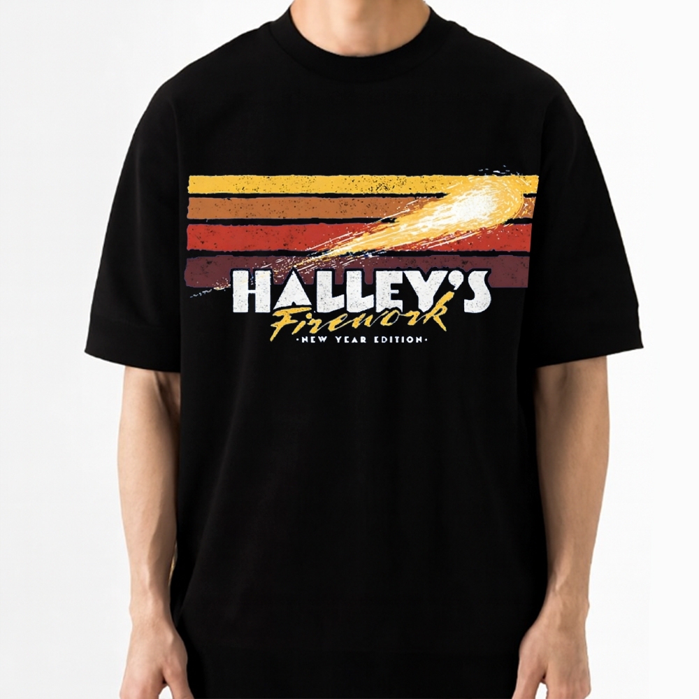 Halley's Comet Firework Retro Space New Year Cotton T-shirt