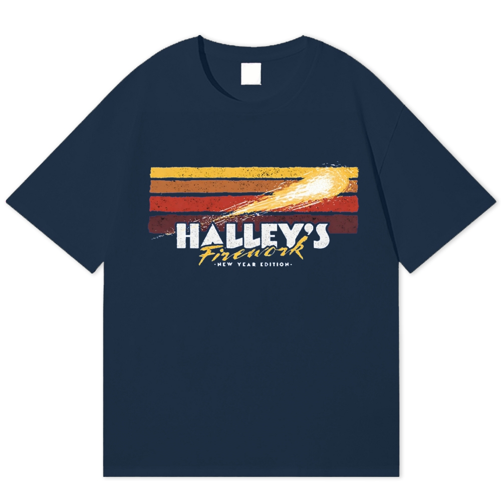 Halley's Comet Firework Retro Space New Year Cotton T-shirt