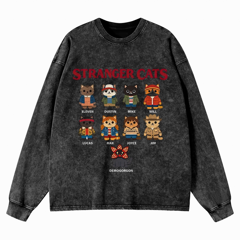 Stranger Cats Character Grid Washed Long-Sleeved T-Shirt