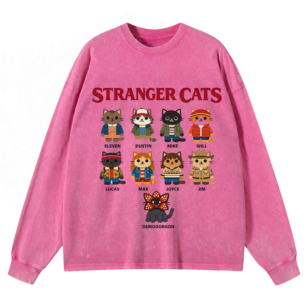 Stranger Cats Character Grid Washed Long-Sleeved T-Shirt