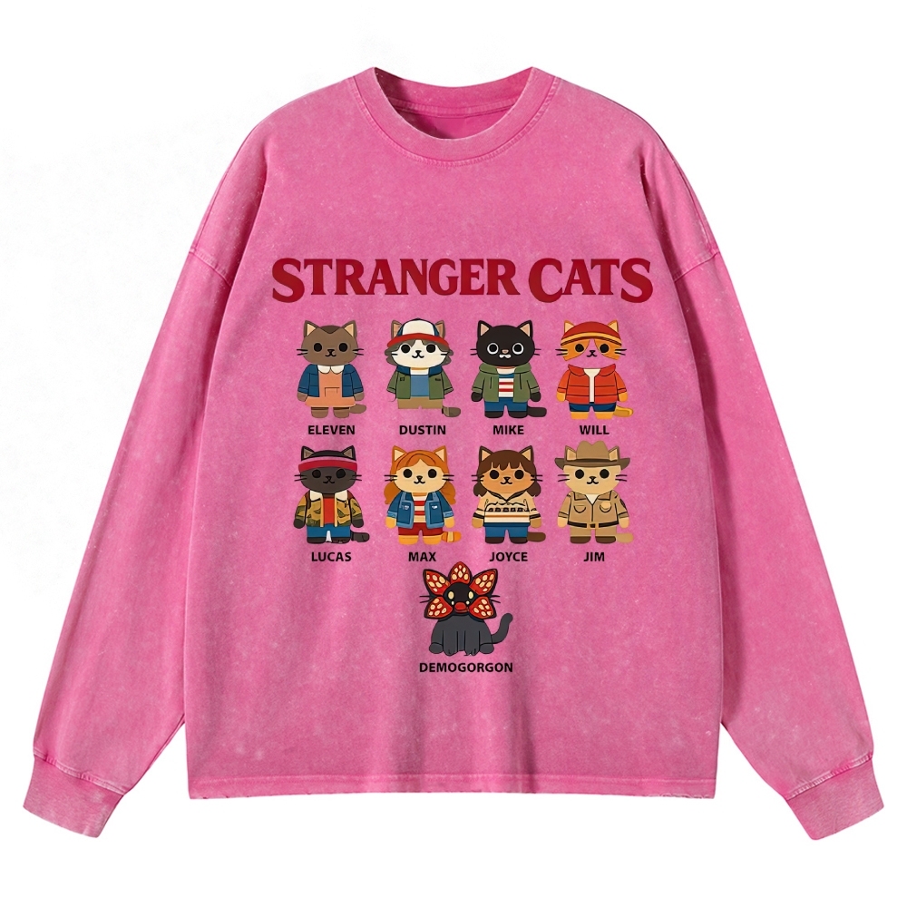 Stranger Cats Character Grid Washed Long-Sleeved T-Shirt