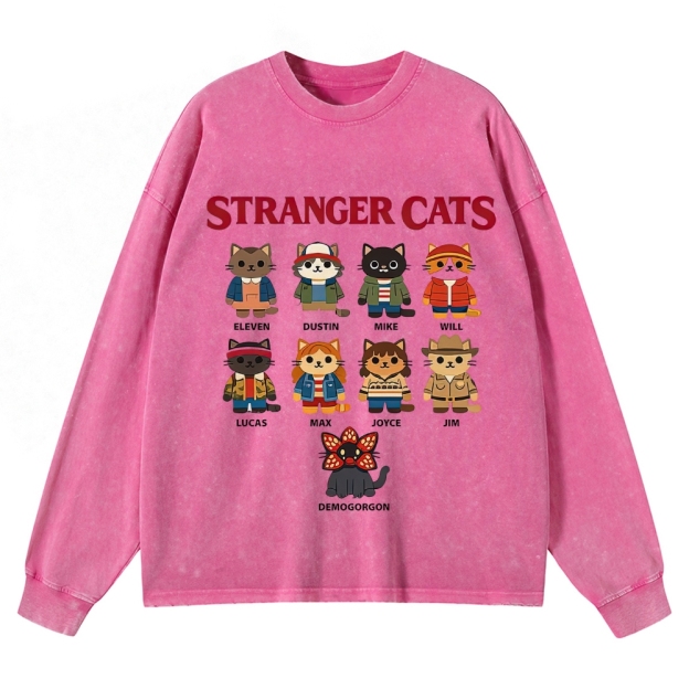 Stranger Cats Character Grid Washed Long-Sleeved T-Shirt