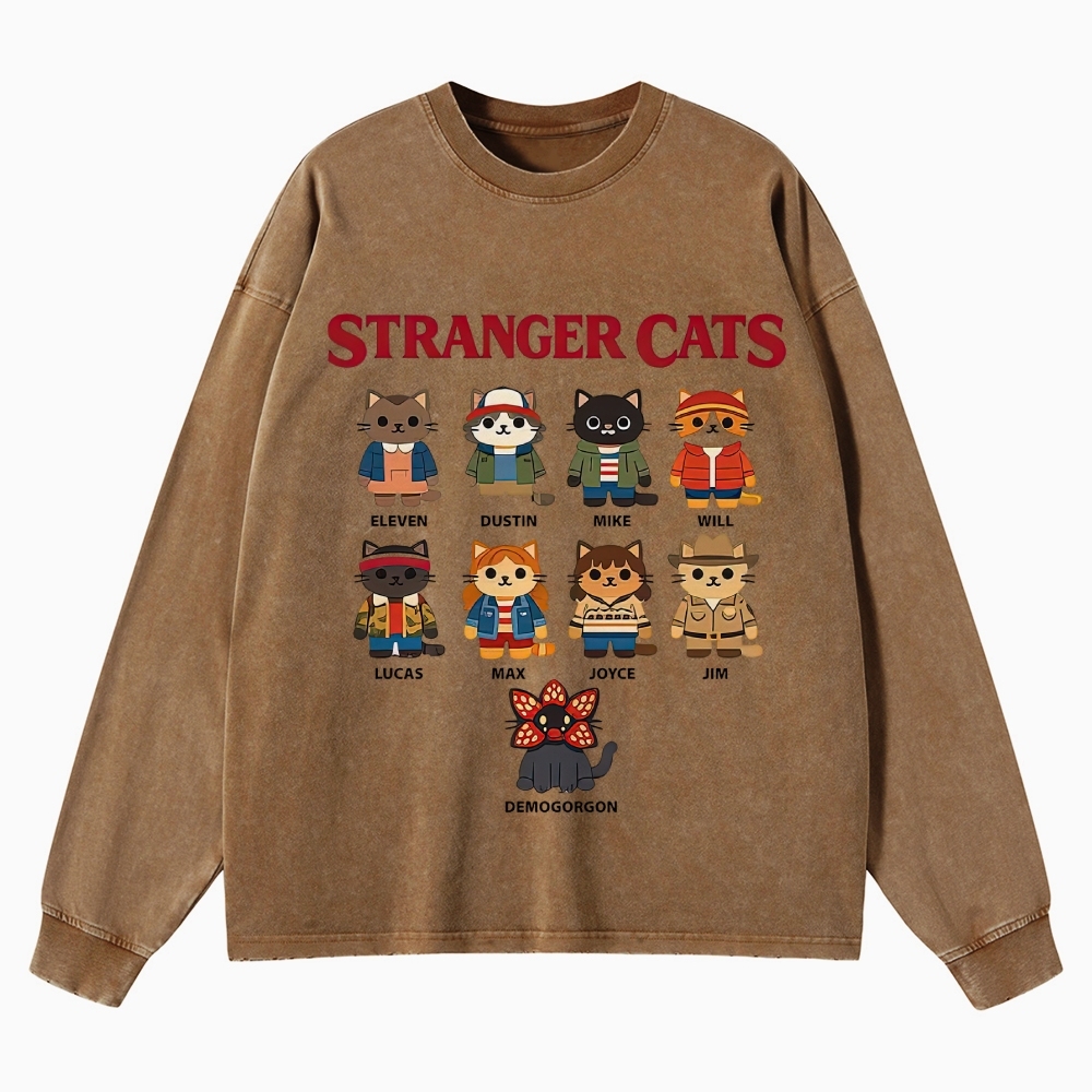 Stranger Cats Character Grid Washed Long-Sleeved T-Shirt