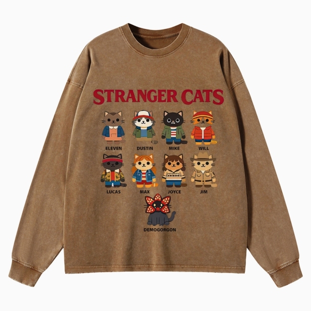 Stranger Cats Character Grid Washed Long-Sleeved T-Shirt
