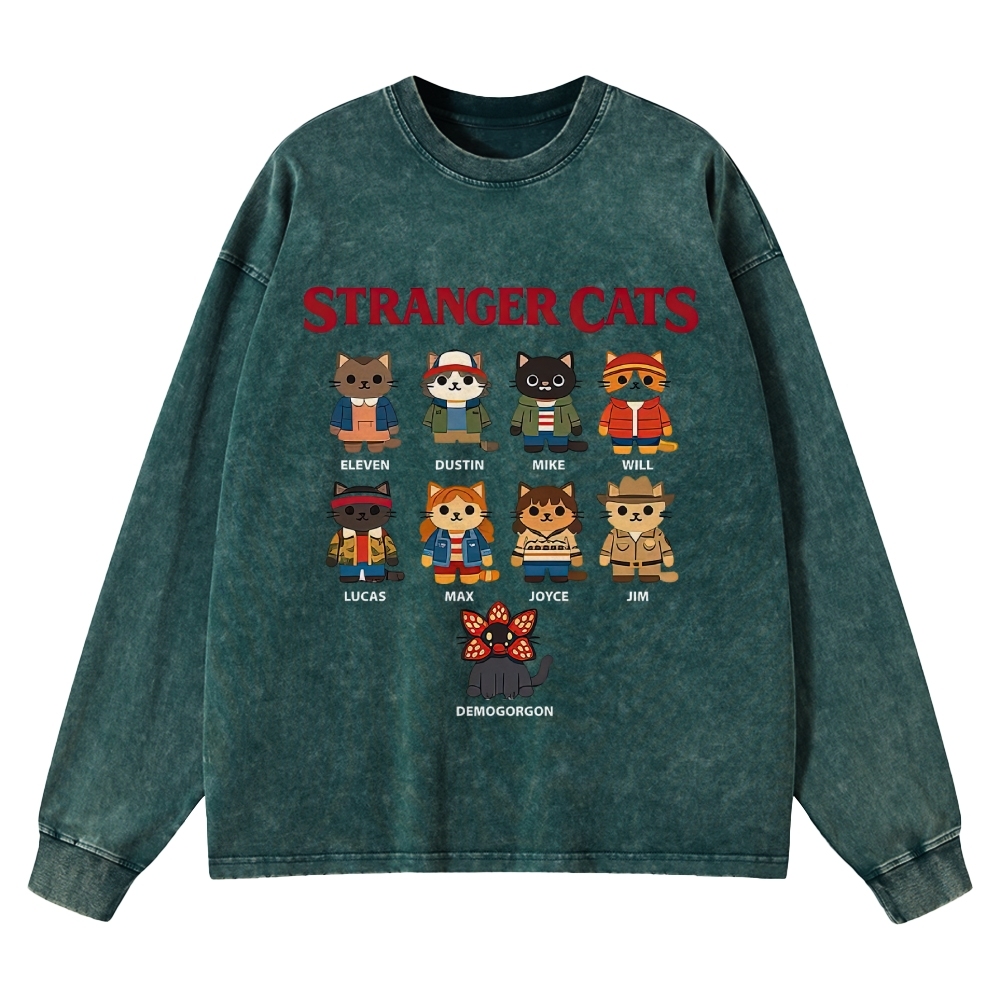 Stranger Cats Character Grid Washed Long-Sleeved T-Shirt