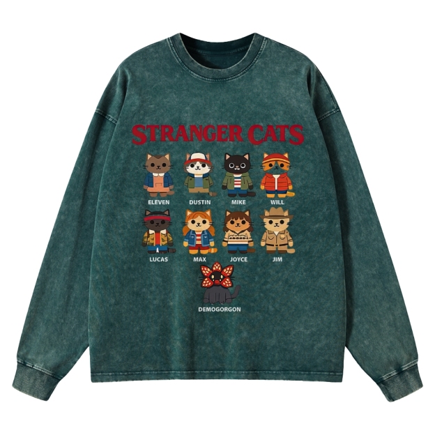 Stranger Cats Character Grid Washed Long-Sleeved T-Shirt