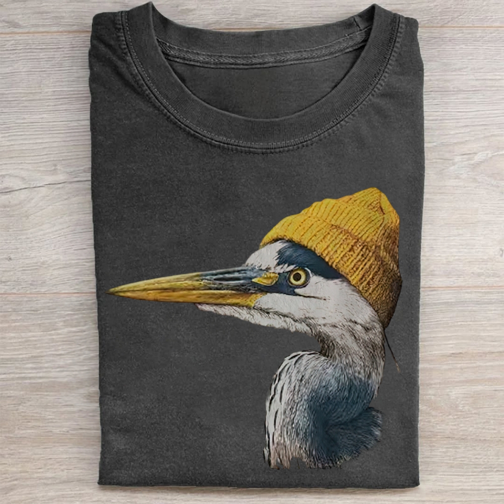 Vintage Blue Heron Wearing Beanie  Washed Tee 