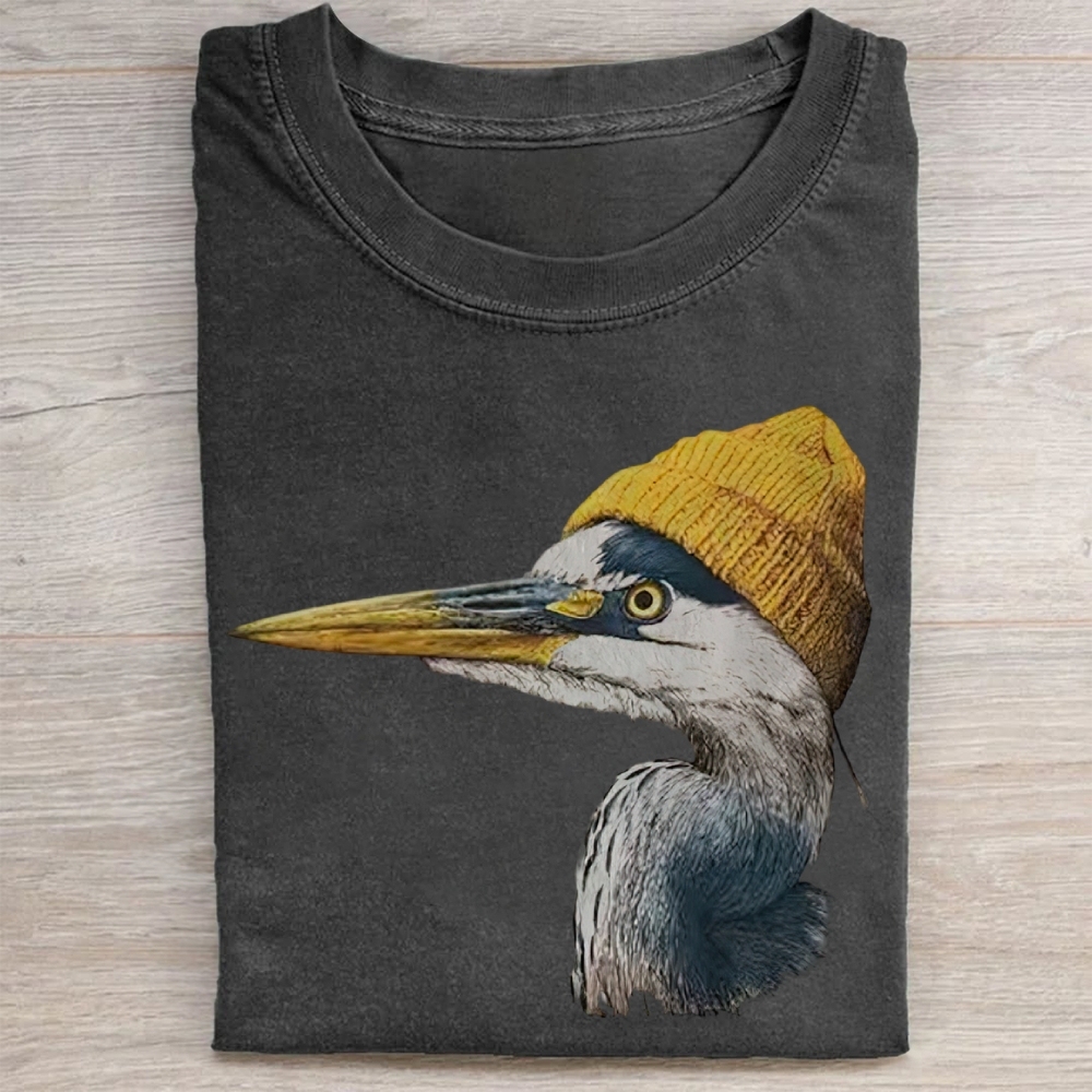 Vintage Blue Heron Wearing Beanie  Washed Tee 