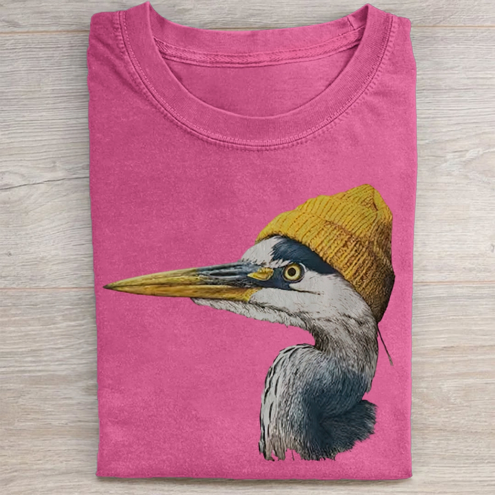 Vintage Blue Heron Wearing Beanie  Washed Tee 