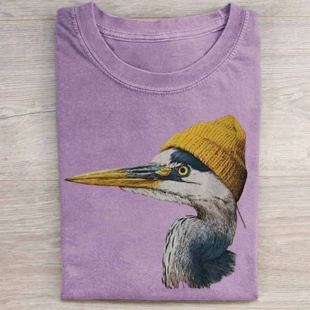 Vintage Blue Heron Wearing Beanie  Washed Tee 