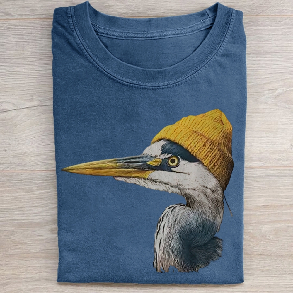 Vintage Blue Heron Wearing Beanie  Washed Tee 