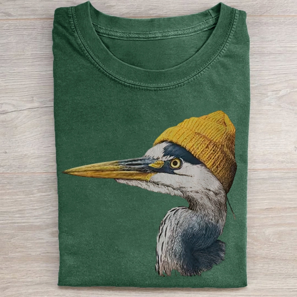 Vintage Blue Heron Wearing Beanie  Washed Tee 