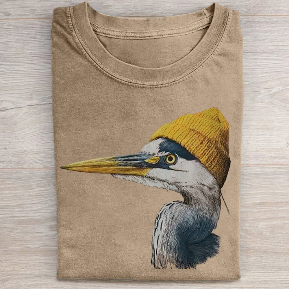 Vintage Blue Heron Wearing Beanie  Washed Tee 