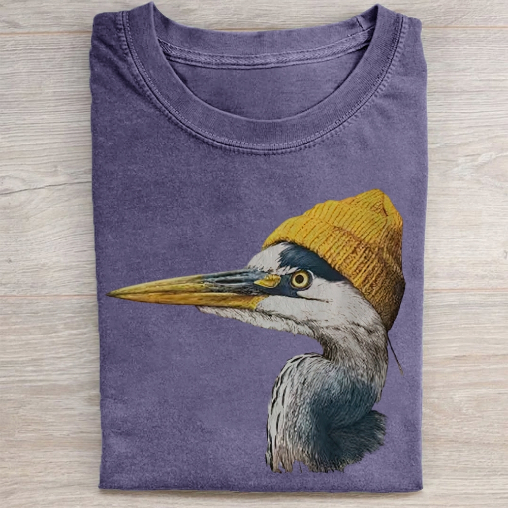 Vintage Blue Heron Wearing Beanie  Washed Tee 