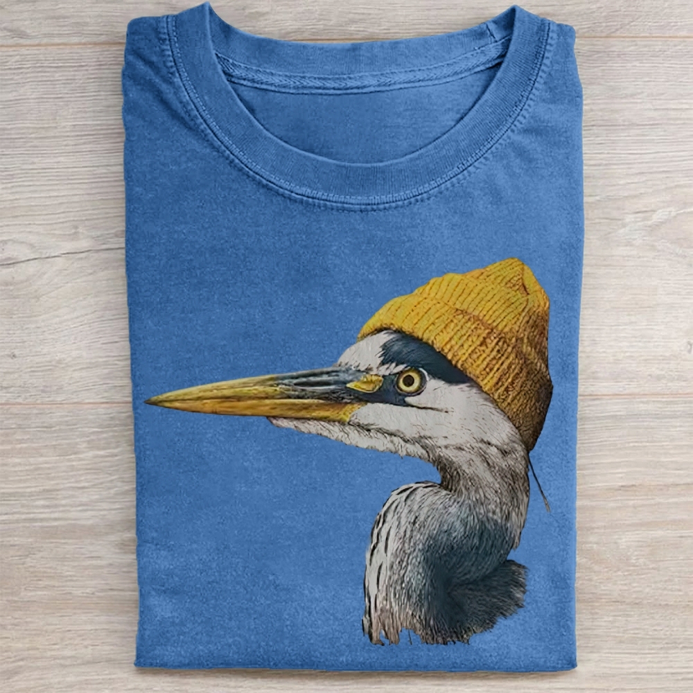 Vintage Blue Heron Wearing Beanie  Washed Tee 