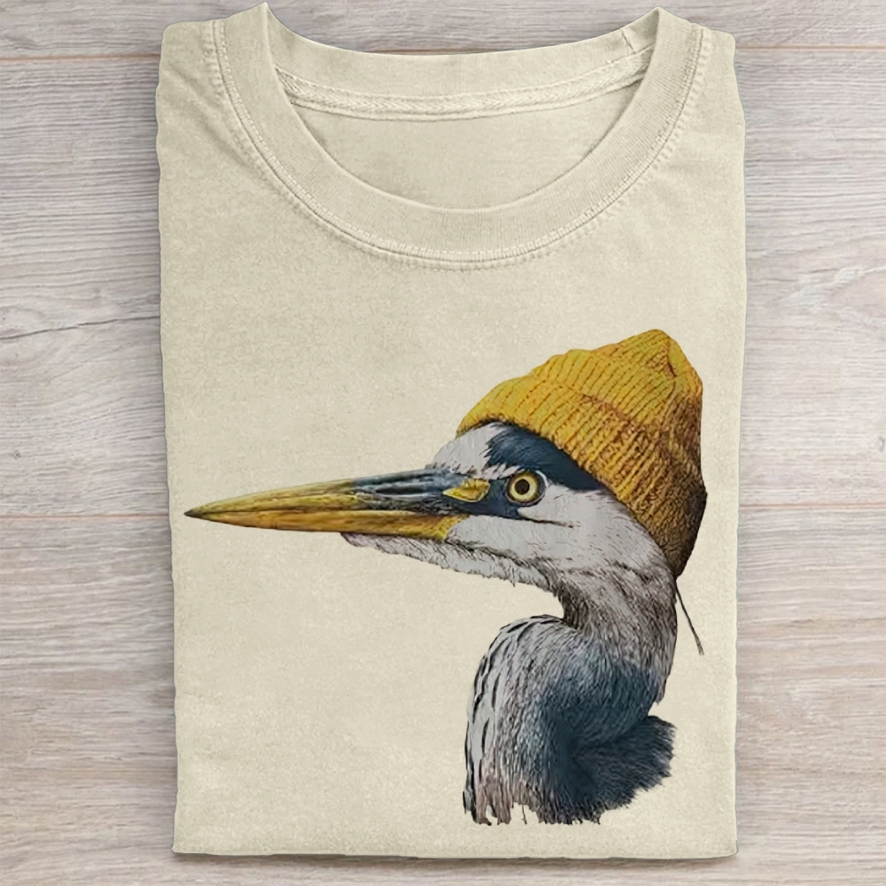 Vintage Blue Heron Wearing Beanie  Washed Tee 