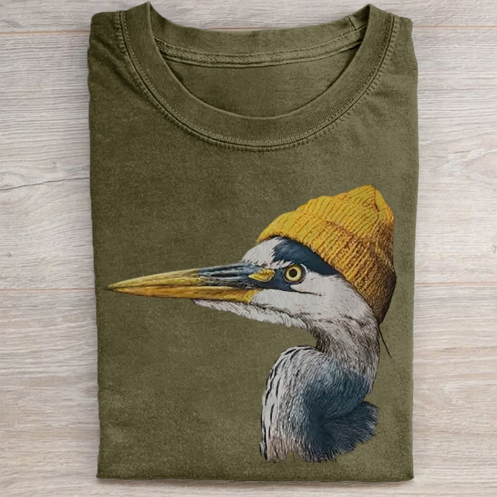 Vintage Blue Heron Wearing Beanie  Washed Tee 