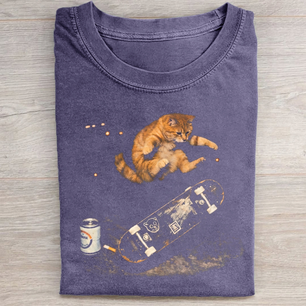  Vintage Skateboarding Cat Graphic Washed Tee