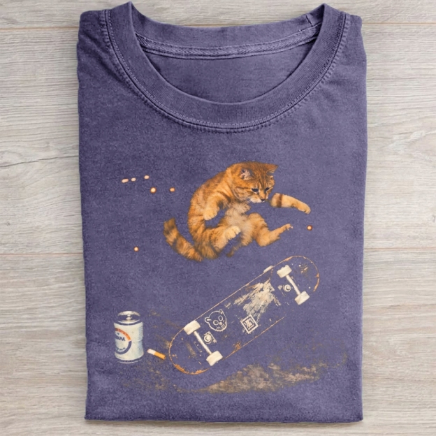  Vintage Skateboarding Cat Graphic Washed Tee
