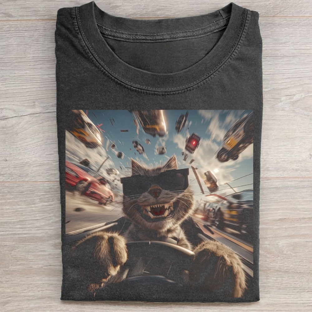 Vintage Funny Cat Graphics Washed Tee