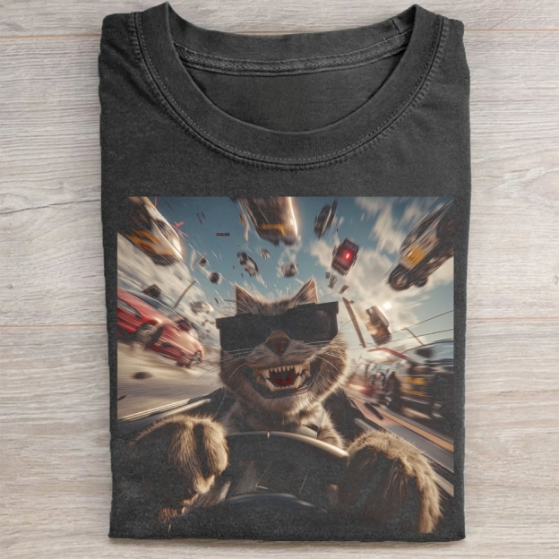 Vintage Funny Cat Graphics Washed Tee 