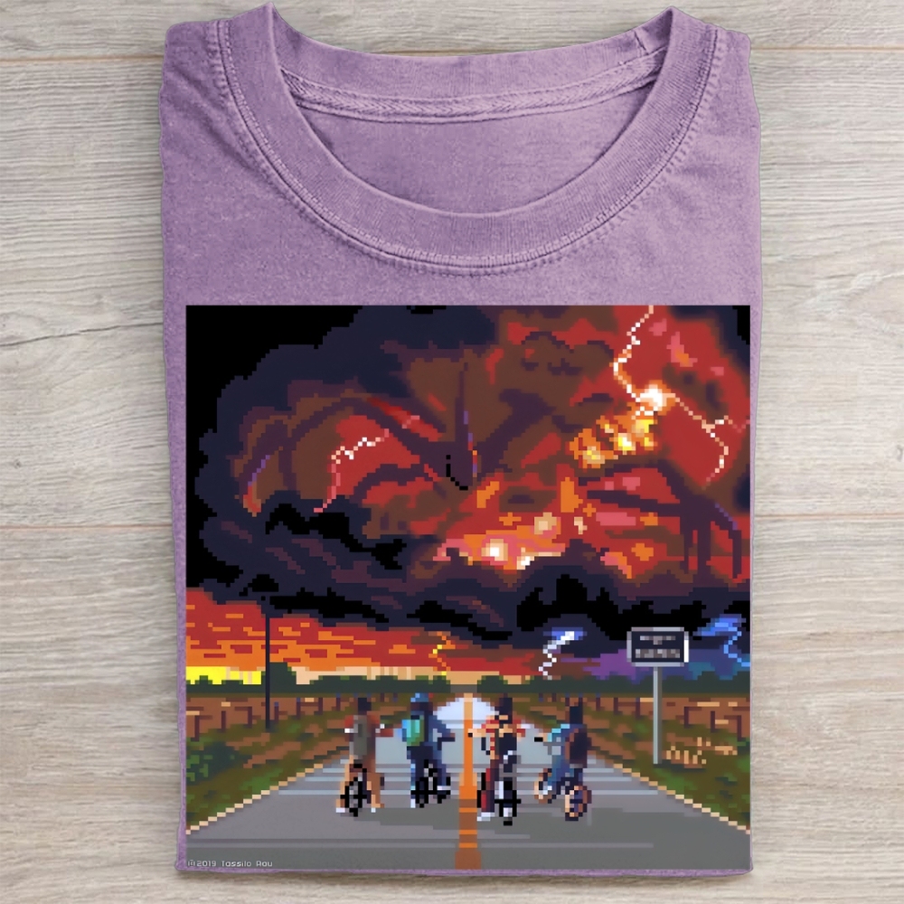 Pixel Art Bike Ride vs. Mind Flayer Vintage Washed Tee