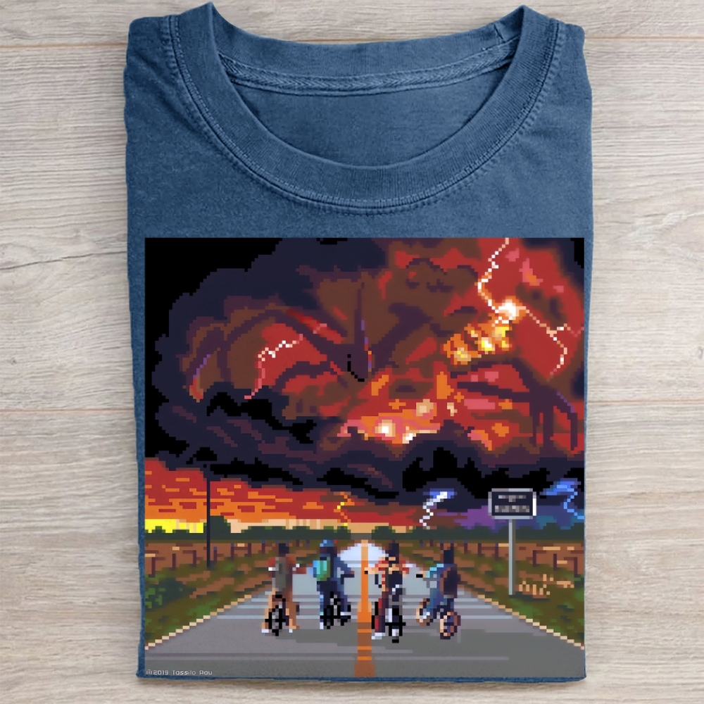 Pixel Art Bike Ride vs. Mind Flayer Vintage Washed Tee