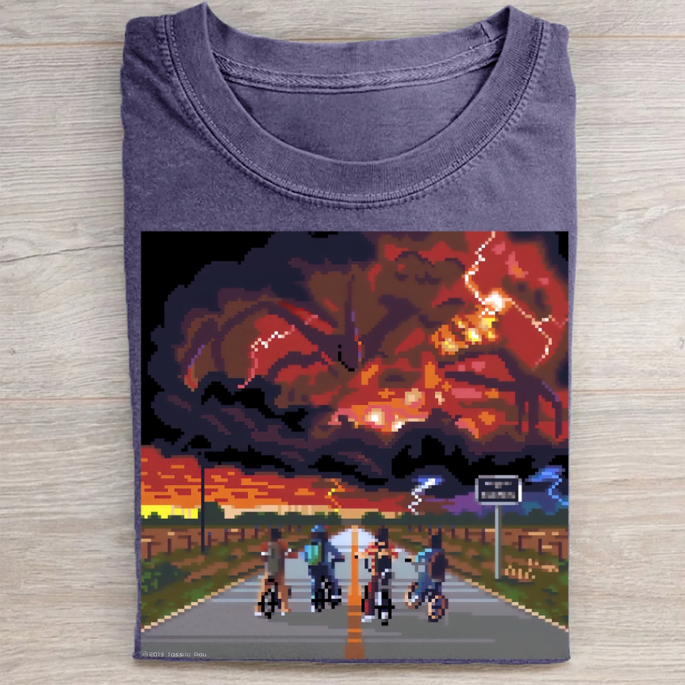Pixel Art Bike Ride vs. Mind Flayer Vintage Washed Tee