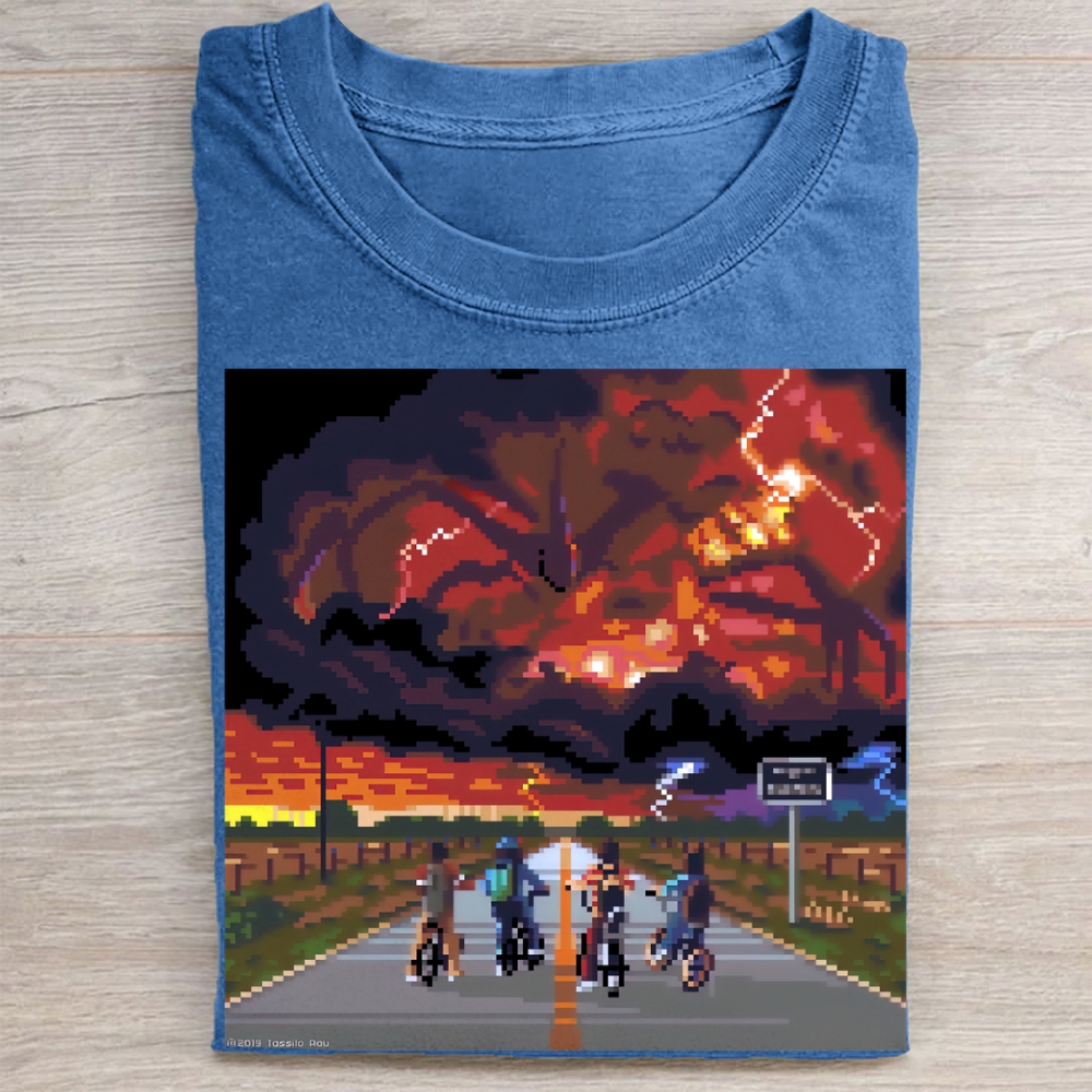 Pixel Art Bike Ride vs. Mind Flayer Vintage Washed Tee