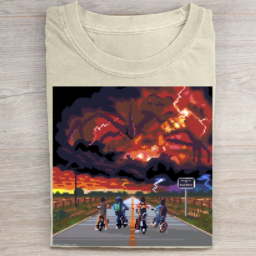 Pixel Art Bike Ride vs. Mind Flayer Vintage Washed Tee