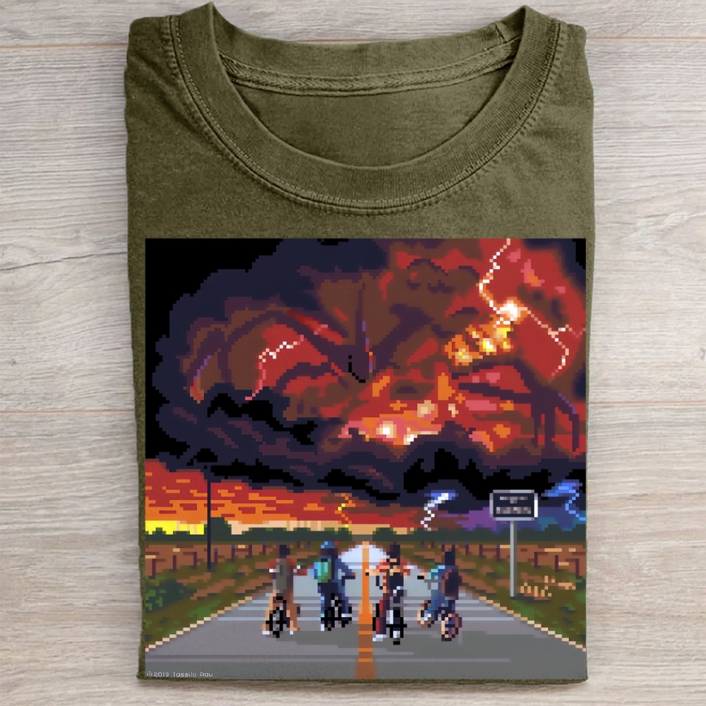 Pixel Art Bike Ride vs. Mind Flayer Vintage Washed Tee