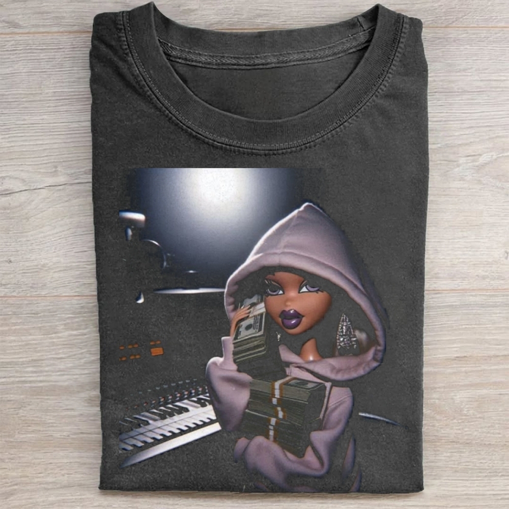 Cartoon Doll Style Hoodie Graphic Washed Tee