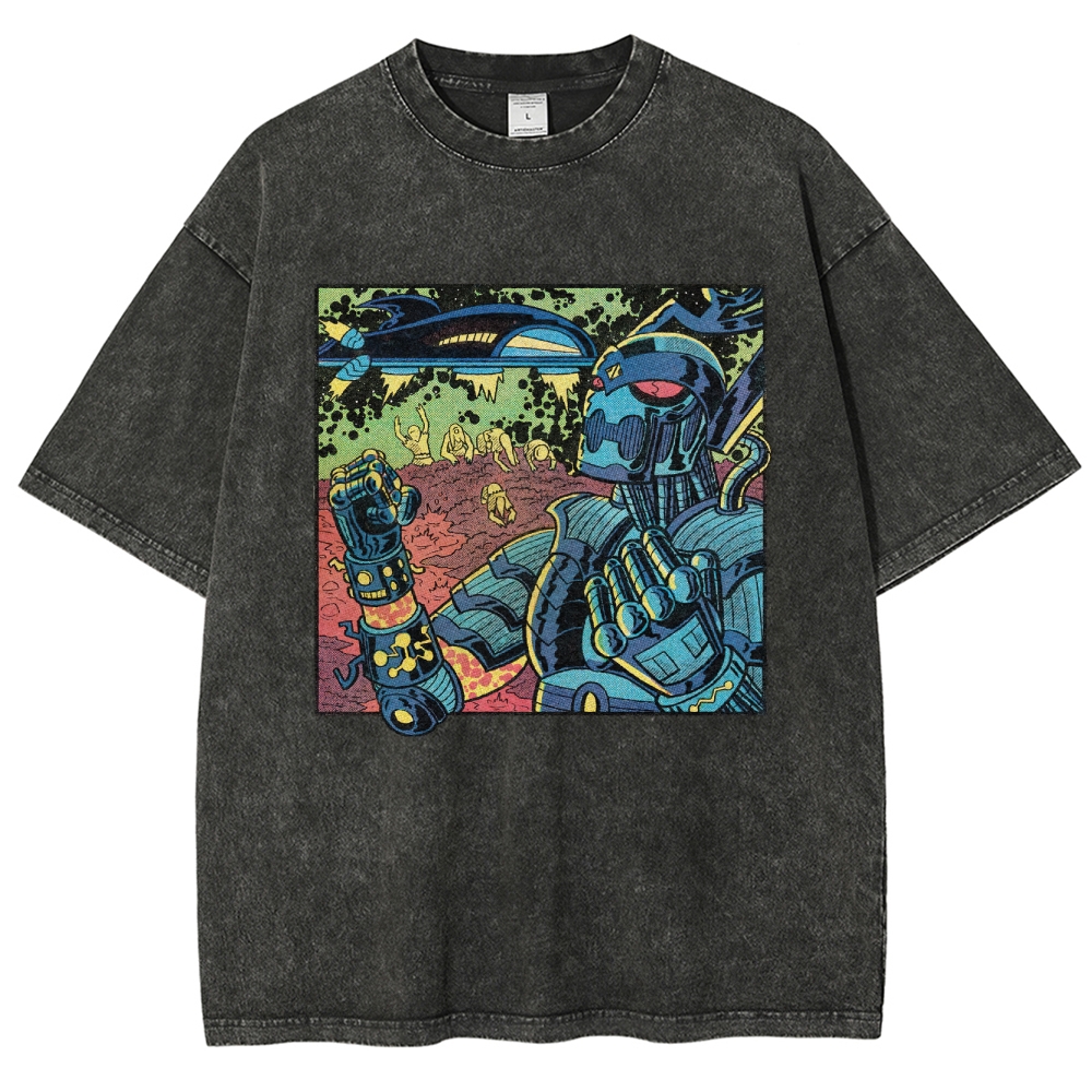 Retro Sci-Fi Robot Invasion Comic  Washed T-Shirt