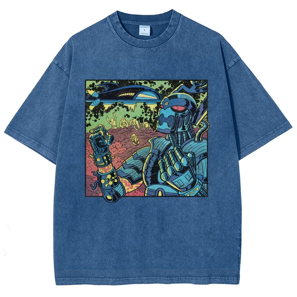 Retro Sci-Fi Robot Invasion Comic  Washed T-Shirt
