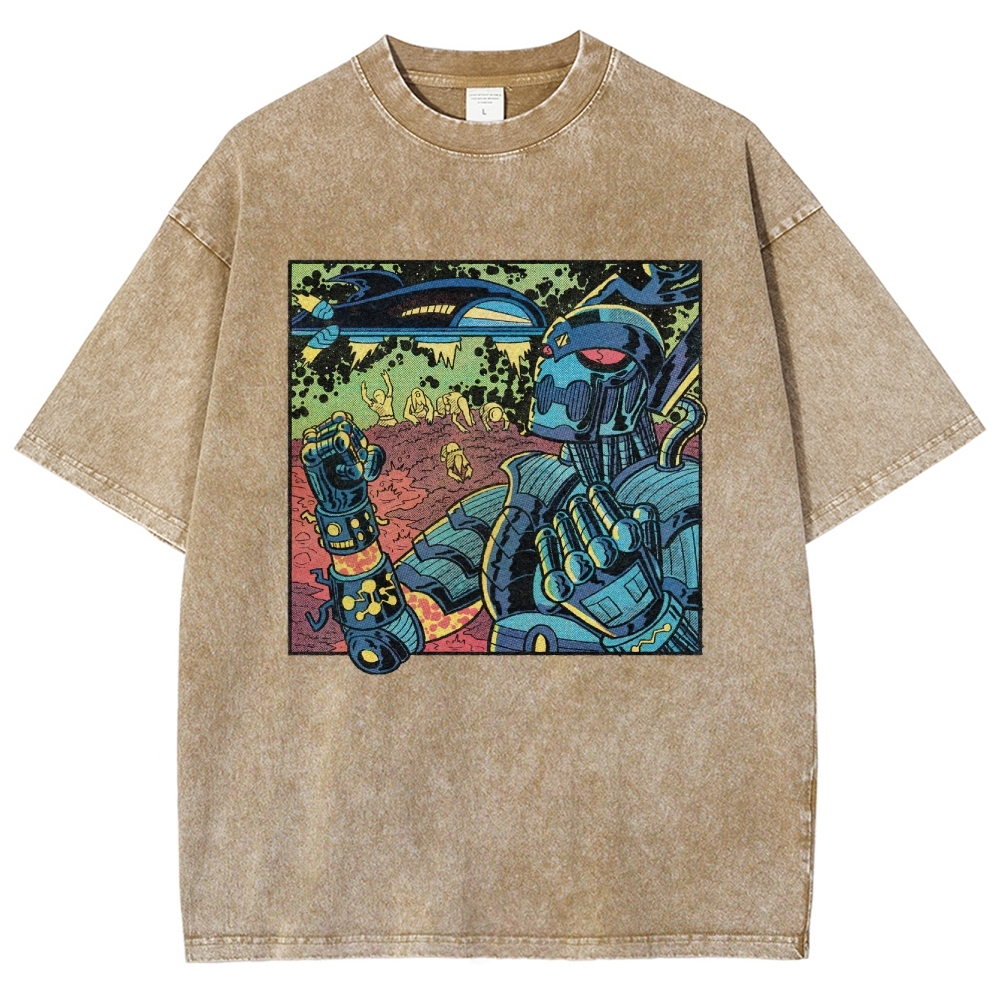 Retro Sci-Fi Robot Invasion Comic Washed T-Shirt