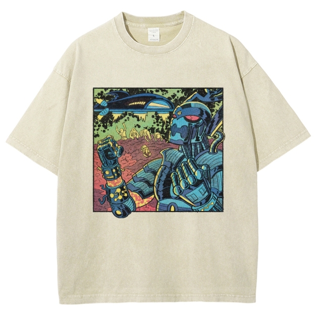 Retro Sci-Fi Robot Invasion Comic  Washed T-Shirt