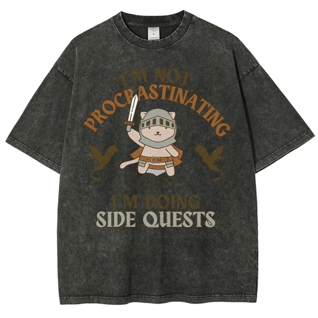 "I'm Not Procrastinating, I'm Doing Side Quests" Cat Washed T-Shirt