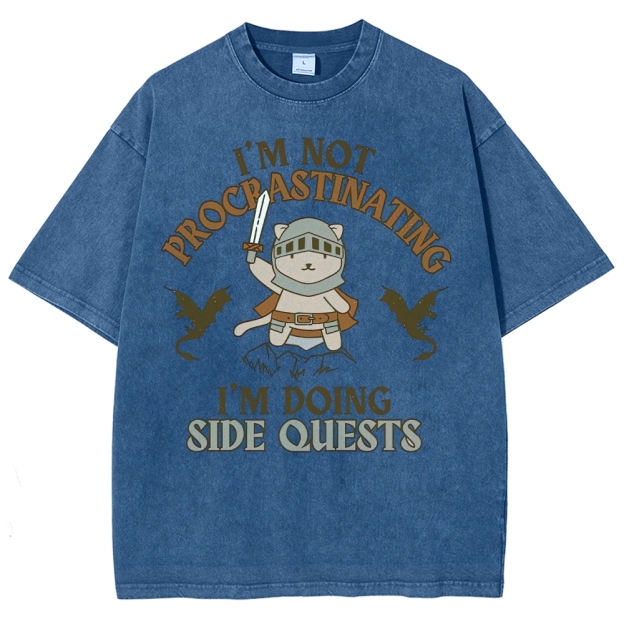 "I'm Not Procrastinating, I'm Doing Side Quests" Cat Washed T-Shirt