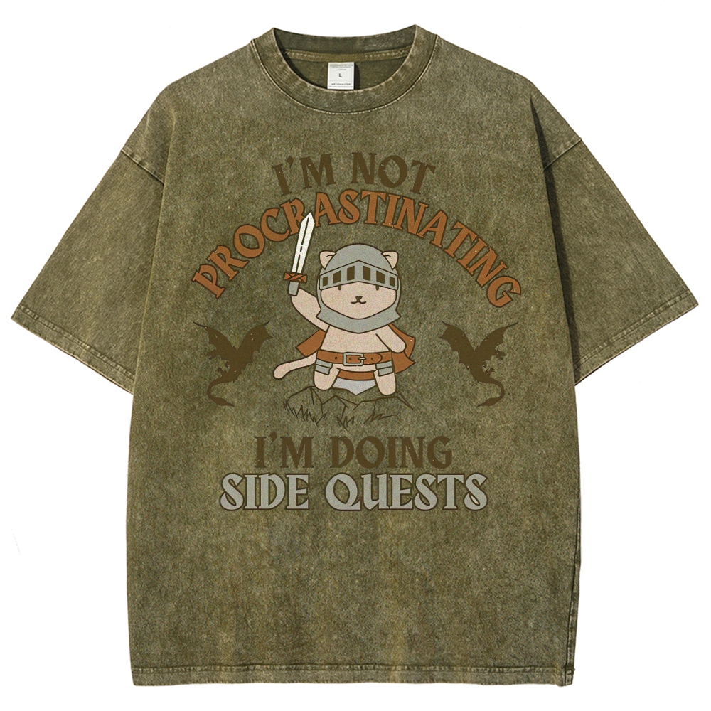 "I'm Not Procrastinating, I'm Doing Side Quests" Cat Washed T-Shirt