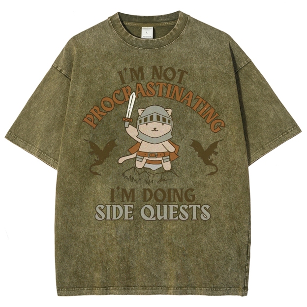 "I'm Not Procrastinating, I'm Doing Side Quests" Cat Washed T-Shirt