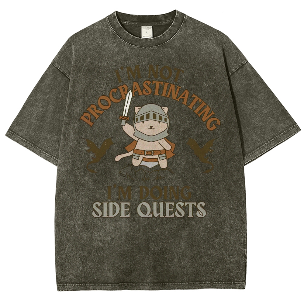 "I'm Not Procrastinating, I'm Doing Side Quests" Cat Washed T-Shirt